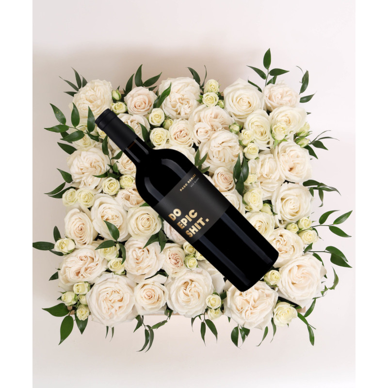 BED OF WHITE ROSES XL WITH WINE - Same Day Delivery