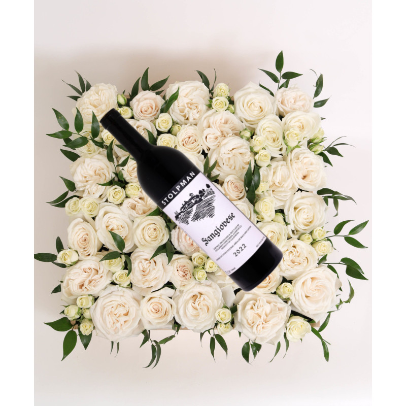 BED OF WHITE ROSES XL WITH WINE - Same Day Delivery