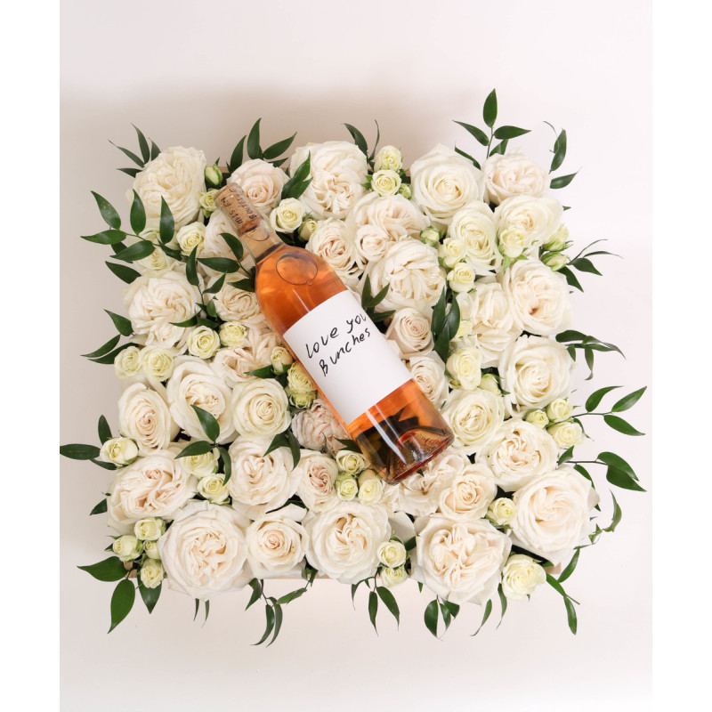 BED OF WHITE ROSES XL WITH WINE - Same Day Delivery