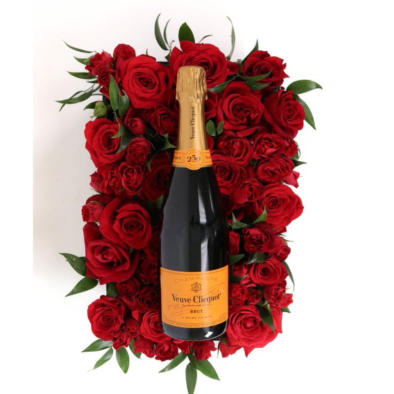 BED OF RED ROSES WITH CHAMPAGNE - Same Day Delivery