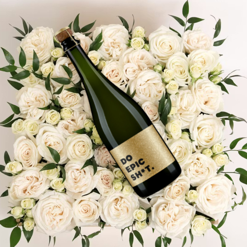 BED OF WHITE ROSES XL WITH CHAMPAGNE - Same Day Delivery