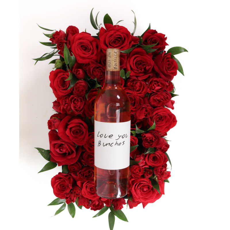 BED OF RED ROSES WITH WINE - Same Day Delivery