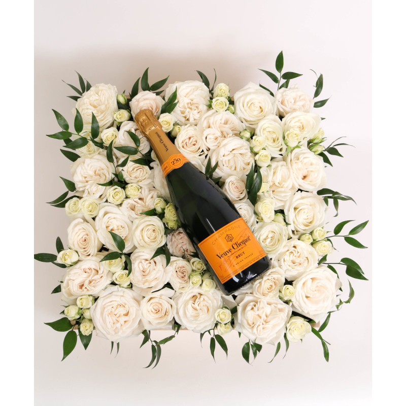 BED OF WHITE ROSES XL WITH CHAMPAGNE - Same Day Delivery
